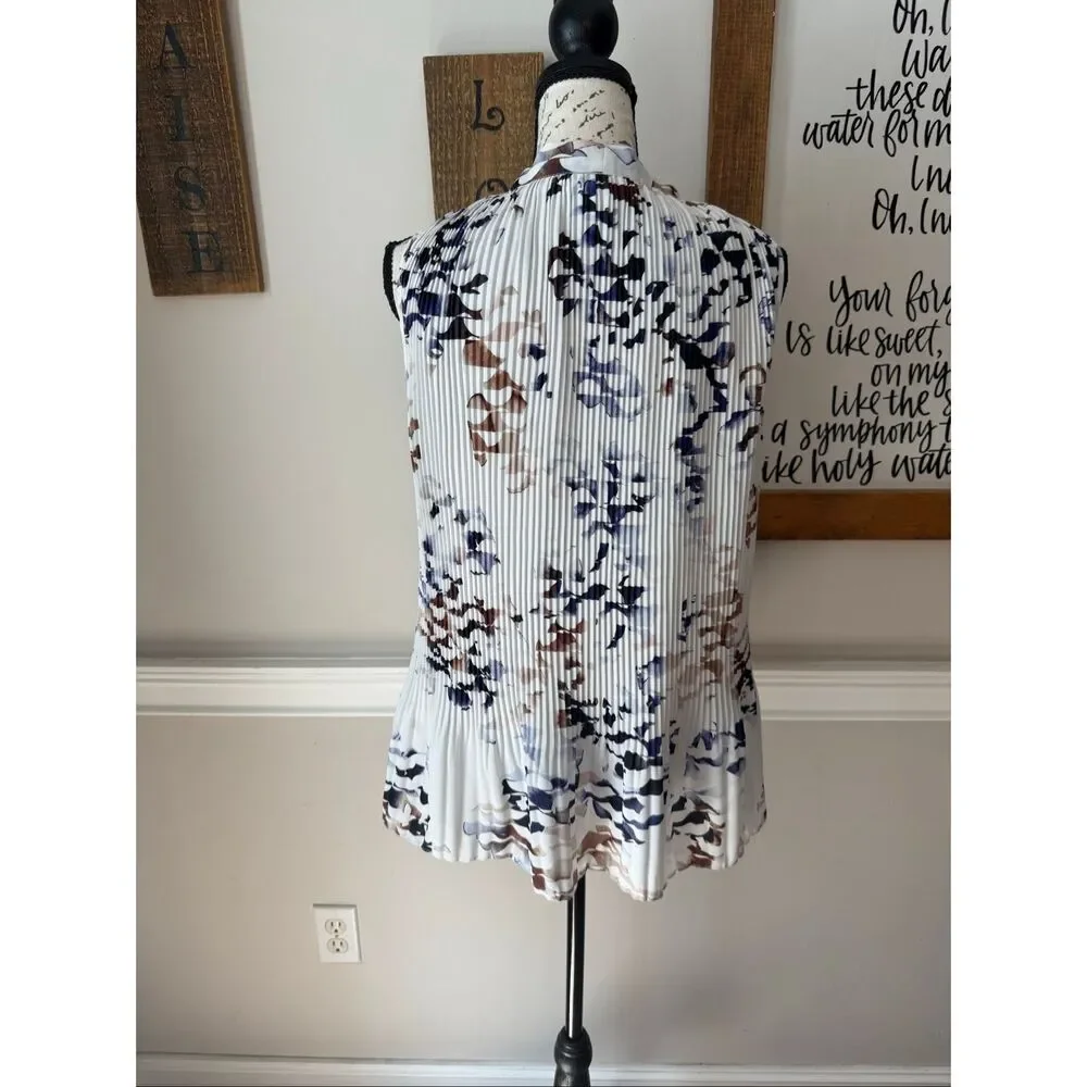 Donna Karan Women's Pleated Tie Neck Sleeveless Blouse Top White Tan Size Large - Picture 4 of 10